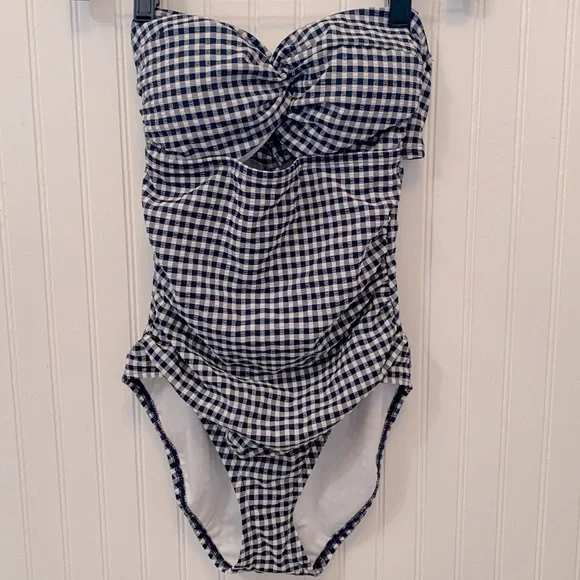 *NWT* LOFT Beach Gingham Seersucker Twist Bandeau One-Piece Swimsuit - Picture 1 of 13
